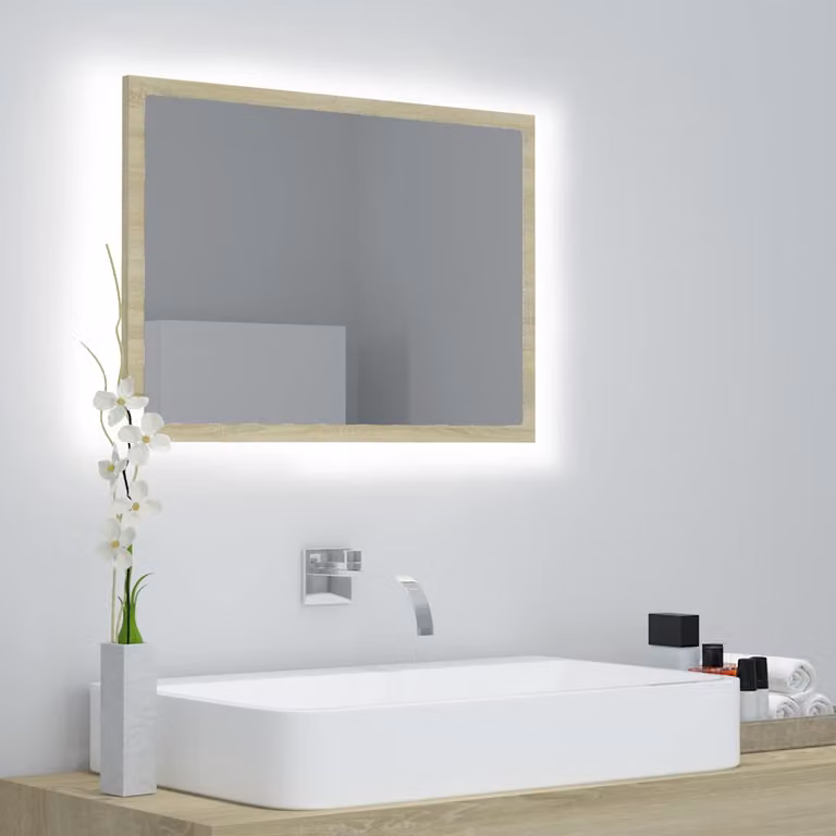 Specchio da bagno moderno vidaXL con luce LED in rovere sonoma e acrilico, L 60 cm x P 8,5 cm x H 37 cm