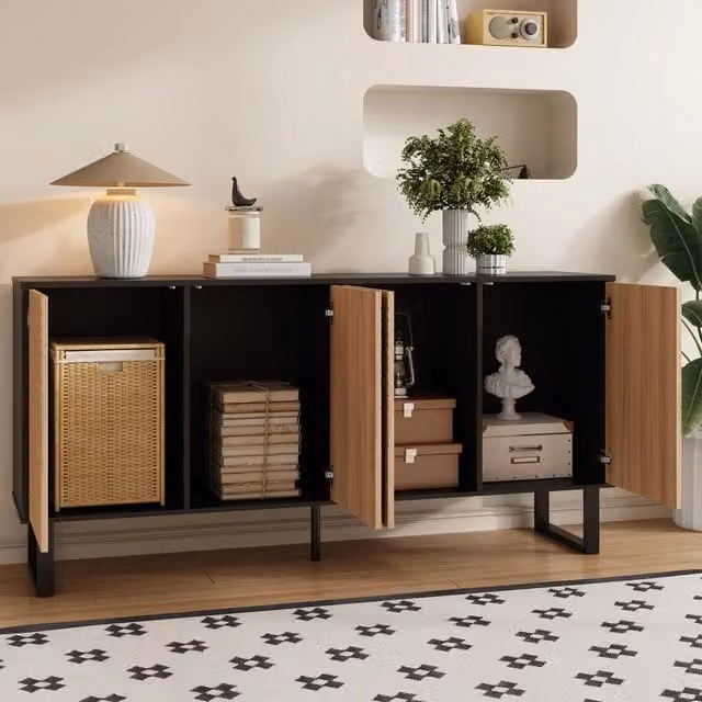 Mobile TV con ante a righe tridimensionali e vani aperti in MDF e pannello truciolare nero naturale 160 × 38 × 75 cm