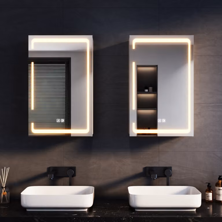 SONNI Armadio a specchio in metallo con illuminazione a LED 38x60x14 cm, interruttore dual-touch dimmerabile, 1 anta, struttura con cerniere senza fili Armadio a muro, Armadio da bagno, Presa per rasoio, Divisori regolabili