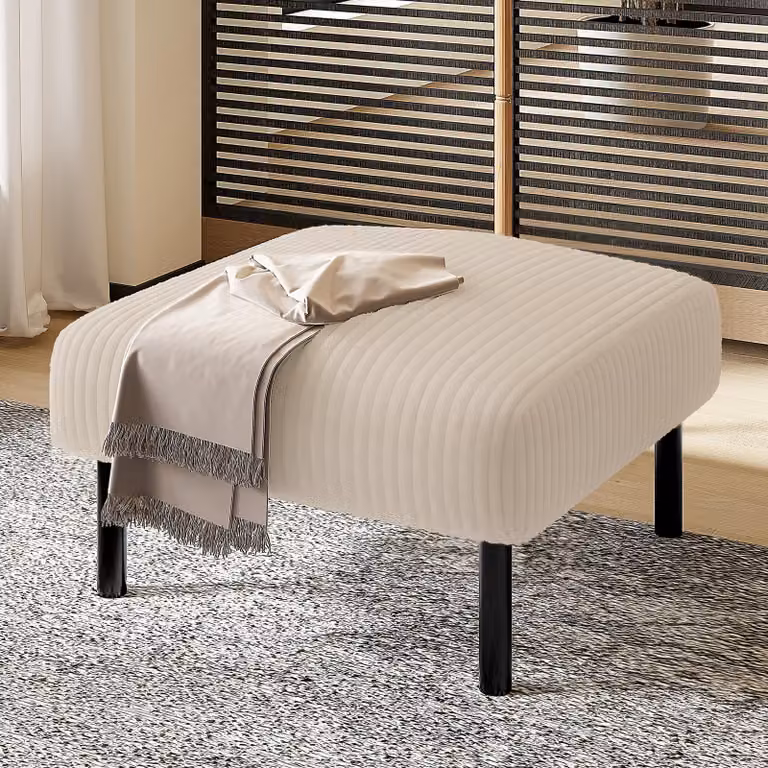 Sgabello imbottito con poggiapiedi MODFU in tessuto a coste, sgabello con seduta assemblabile senza attrezzi, sgabello con poggiapiedi con robusta struttura in metallo, beige