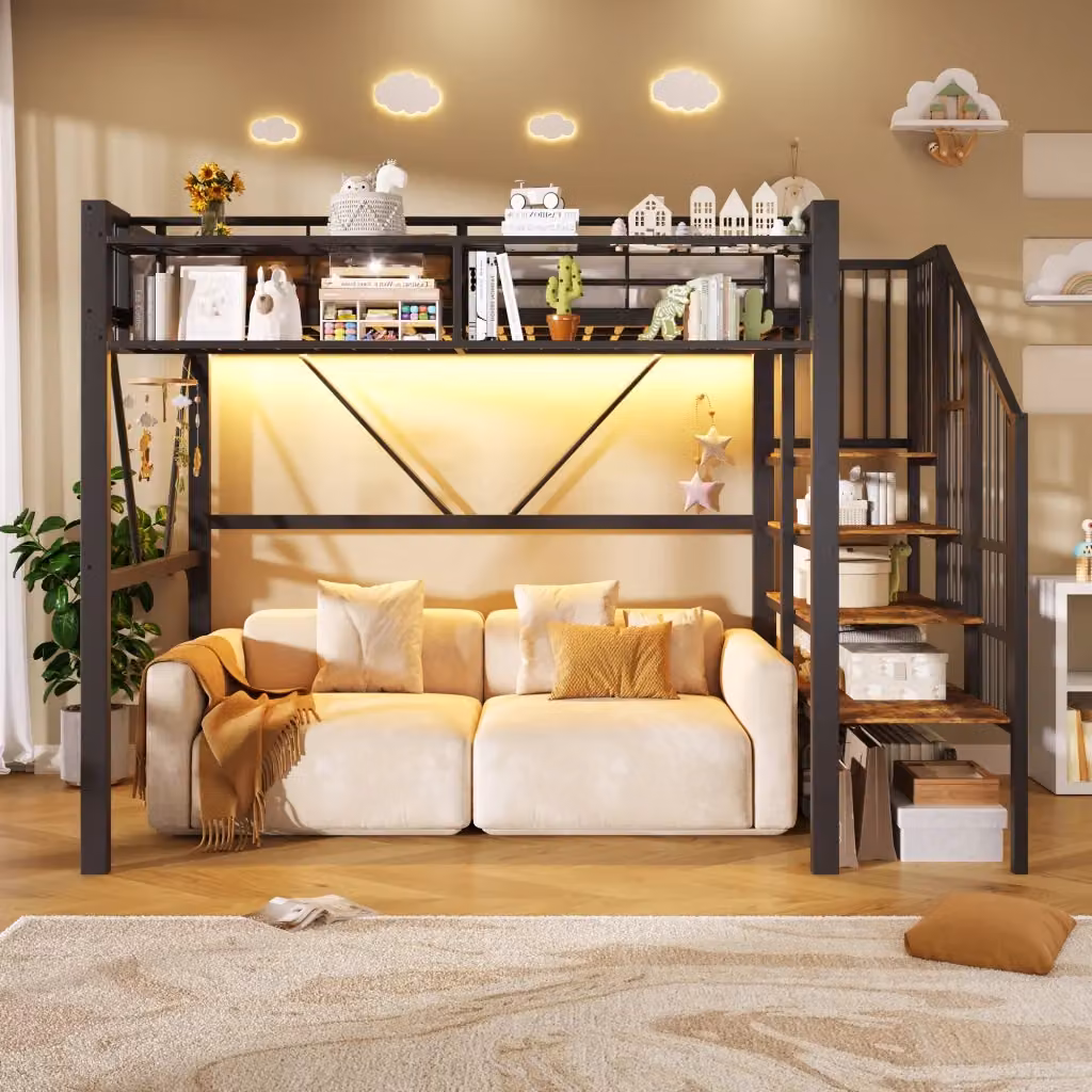Letto a soppalco singolo MIVRAY in metallo e MDF nero con scala a ripiani, illuminazione LED e vani laterali, L/P/H: 200 x 90 x 170 cm – 2