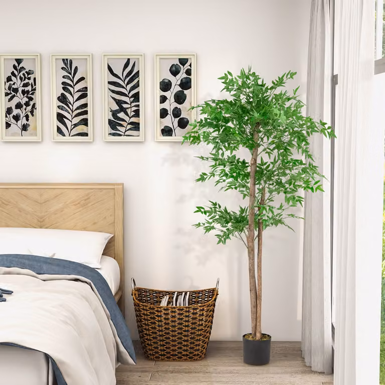 Albero di bamboo artificiale Costway verde con tronco in legno naturale e muschio per interni, Altezza: 150 cm