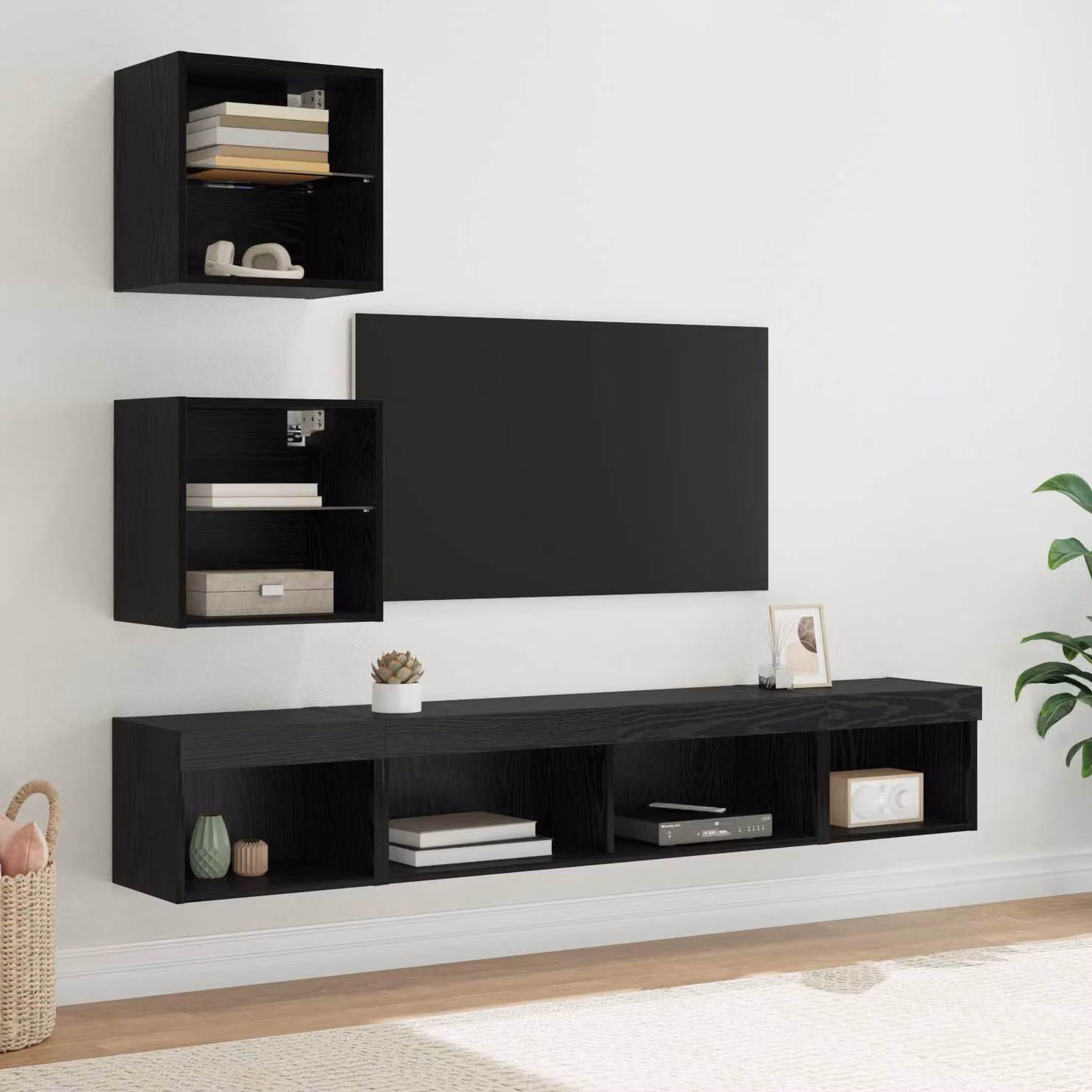 Unità a muro per TV moderna vidaXL con illuminazione LED integrata in rovere e nero – 1