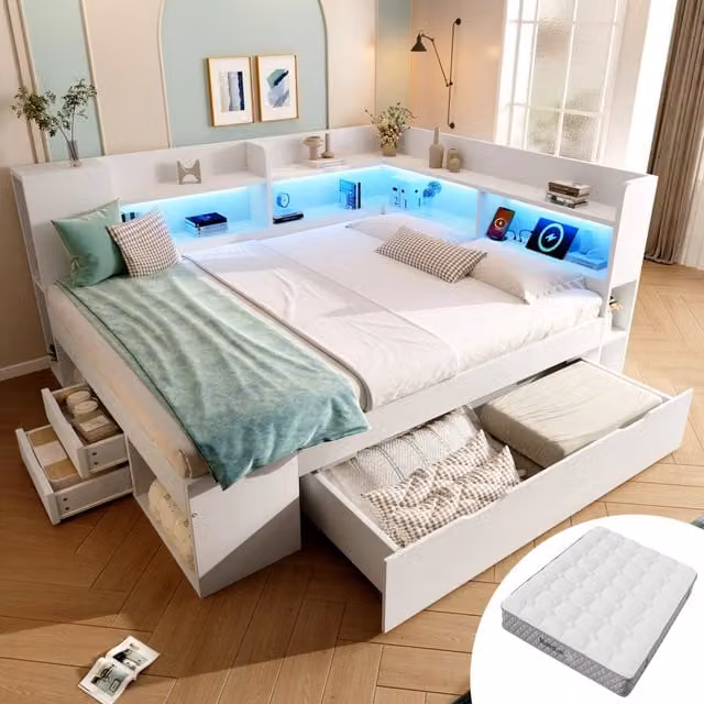 Letto funzionale 140x200 cm bianco - Zephmum - LED, USB-C, cassetti, spazio di archiviazione