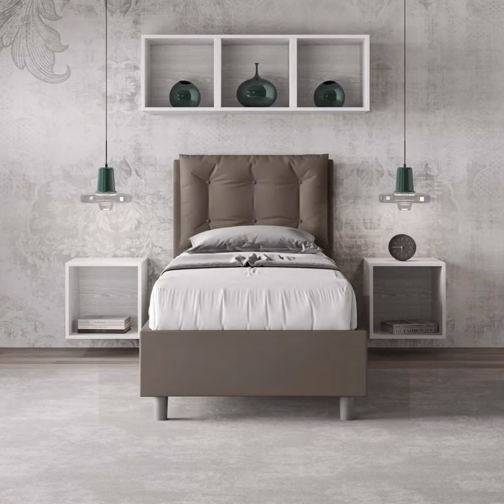 Letto Singolo Moderno GIORDANOSHOP in Faux Leather Beige e Marrone con Rete a Doghe L: 80 cm, P: 210 cm, H: 110 cm – 2