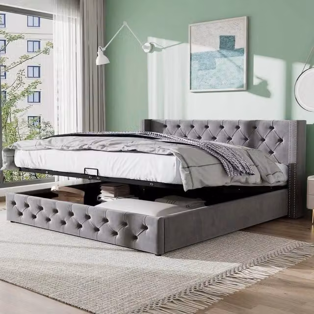 Letto con contenitore 140x190cm - Xylo - Trapuntato meccanismo idraulico grigio