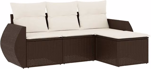 Set Divano da Giardino a L con Polyrattan e Cuscini Bianchi e Marroni, Composto da 4 Pezzi con Poltrona Lounge e Ottoman – 1