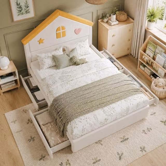 Letto per bambini 140x200 cm in velluto beige con 4 cassetti, senza materasso –