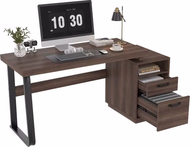 Scrivania moderna Chicfurn con cassetto silenzioso e vano aperto, piano ampio per ufficio o studio, marrone, L: 135 cm, P: 54 cm, H: 76.4 cm – 1