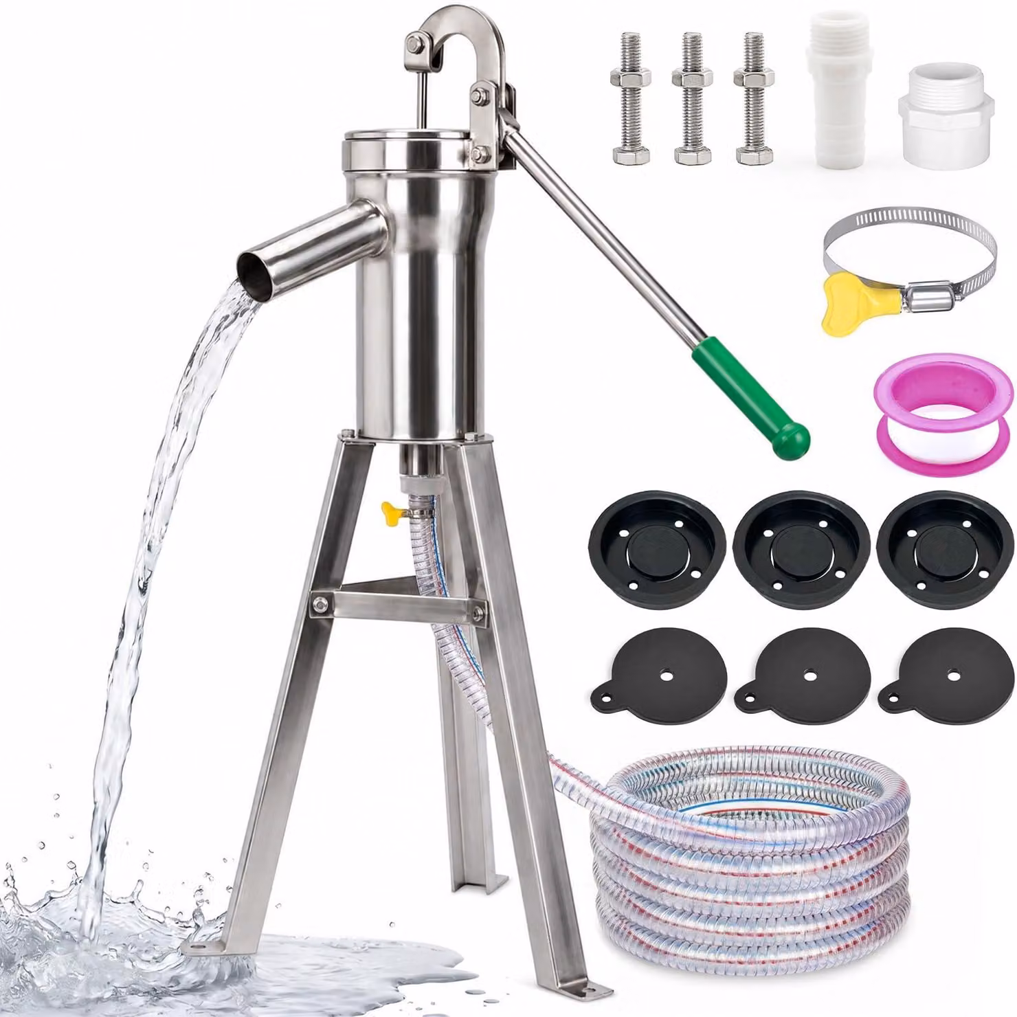 Pompa manuale per acqua, in acciaio inossidabile, con supporto da 58 cm, tubo flessibile da 5 metri, ideale per giardini e pozzi