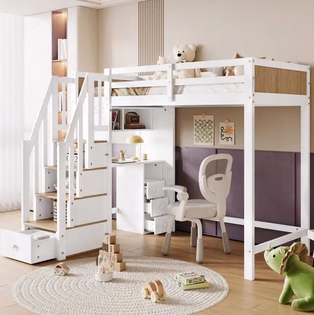 Letto a castello per bambini in legno di pino e MDF bianco e naturale, 90x200 cm, con scrivania a 3 cassetti e scaletta con vano contenitore