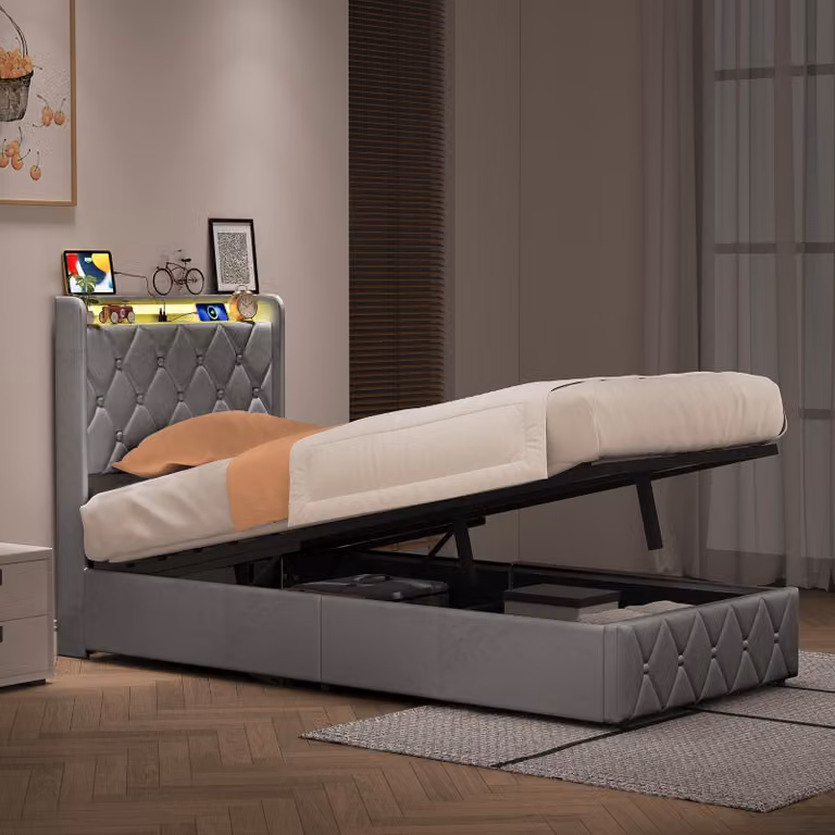 Letto imbottito 90x200 cm con contenitore, luci LED RGB, porta USB-C, sistema di sollevamento idraulico, spazio contenitivo, testiera imbottita, letto singolo color grigio