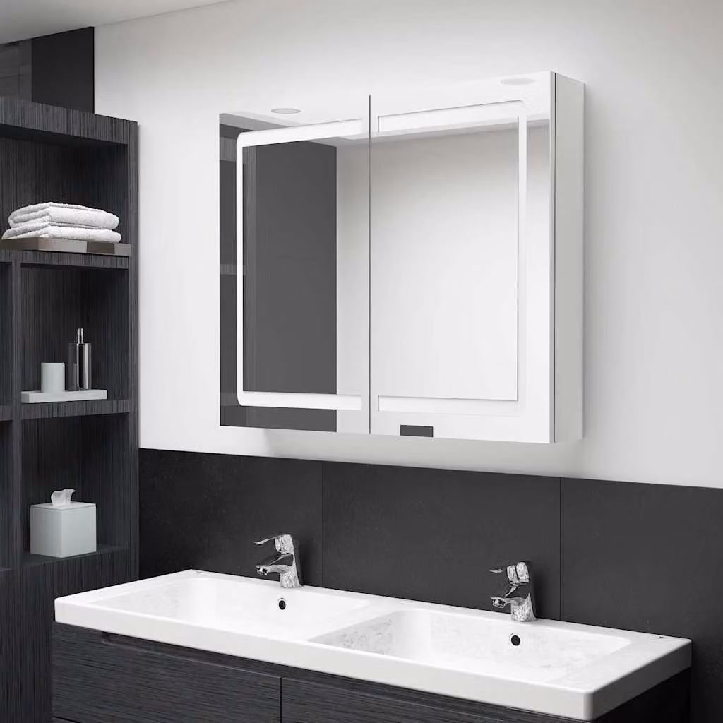 Armadietto da bagno vidaXL con specchio e illuminazione LED, bianco lucido, L: 80 cm, P: 12 cm, H: 68 cm – 1