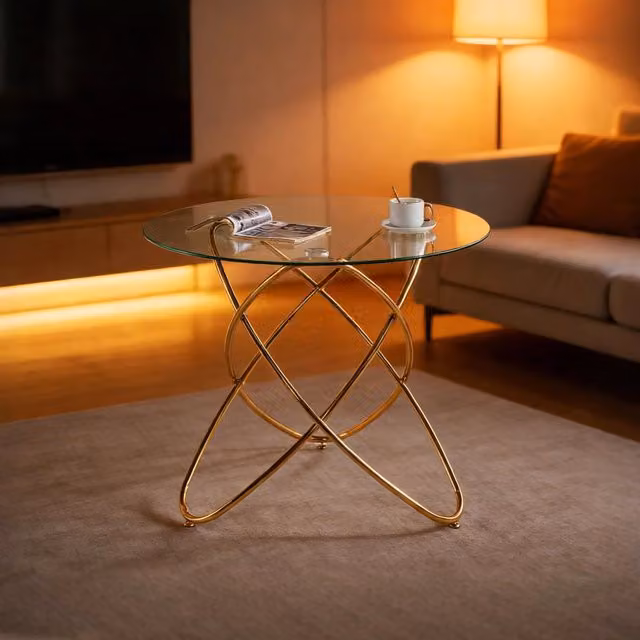 Tavolo da pranzo moderno Zephmum con piano in vetro trasparente e gambe dorate L/P/H: 80 x 80 x 75 cm