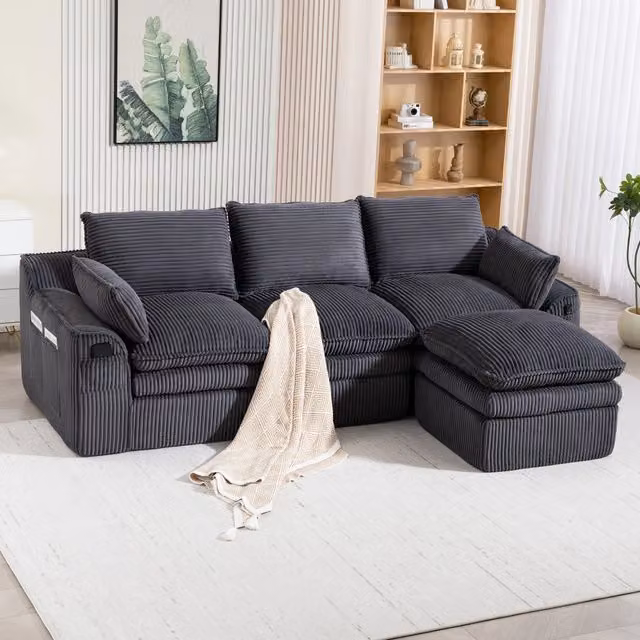 Divano 3 Posti Moderno MINIMAL con Poggiapiedi e Cuscini in Velluto Grigio