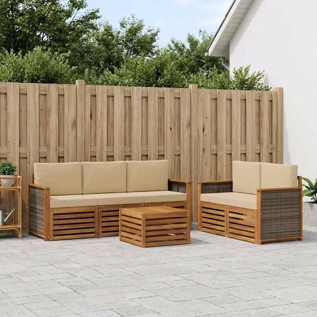Set di divani da esterno vidaXL in legno di acacia con tavolino e cuscini, 6 pezzi, Beige e Marrone