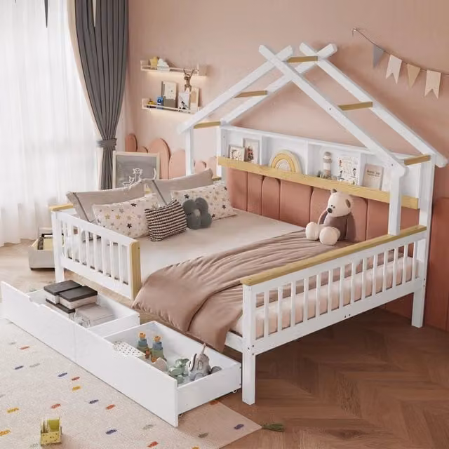 Letto a castello per bambini con protezione anti-caduta - Zephmum - Design tetto unico, 2 scaffali, 2 cassettoni, bianco/naturale, 140x200 cm