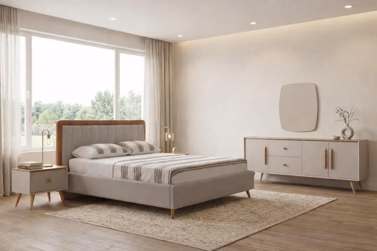 Set completo per camera da letto in legno bianco, composto da: letto matrimoniale, consolle e specchio (3 pezzi)