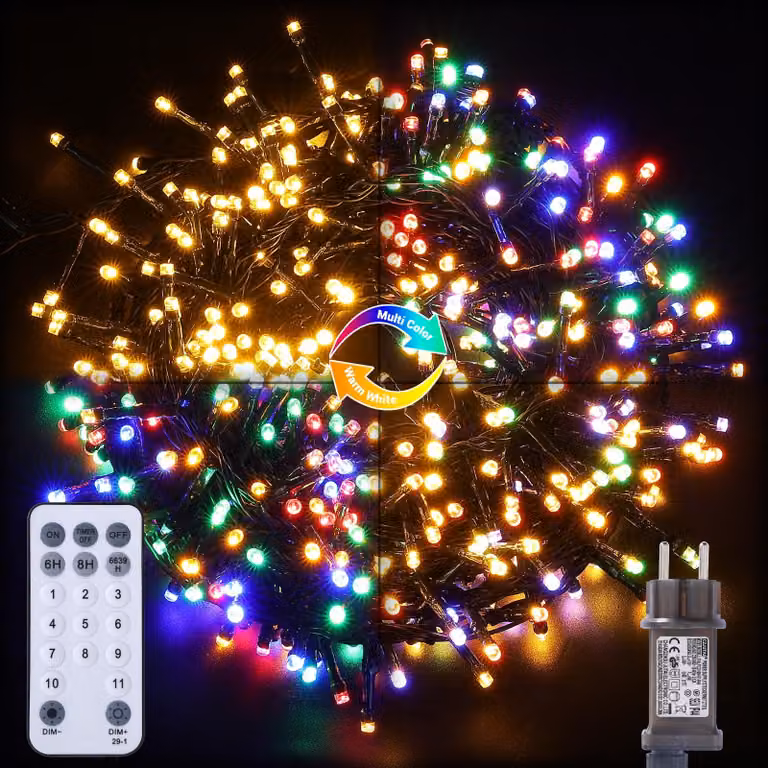 Catena luminosa da 6 metri, con 300 LED colorati, dimmerabile, con timer, grado di protezione IP44