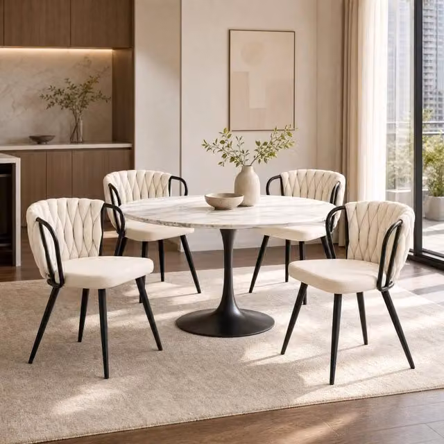 Sedia da pranzo moderna OKWISH in velluto beige con schienale intrecciato e struttura in metallo nero opaco