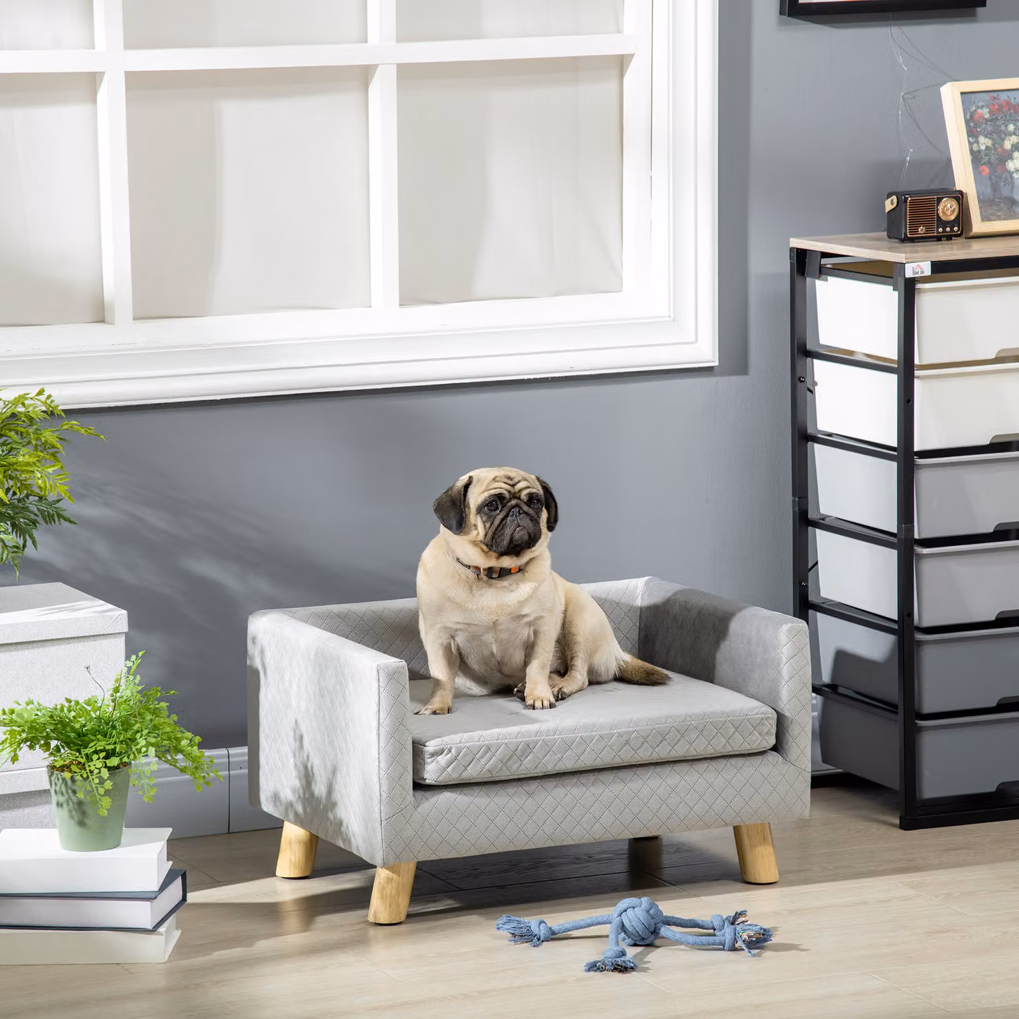 Divanetto per cani e gatti PawHut in stile scandinavo con cuscino in velluto e struttura in legno, L: 64 cm, P: 45 cm, H: 36 cm, Grigio – 2