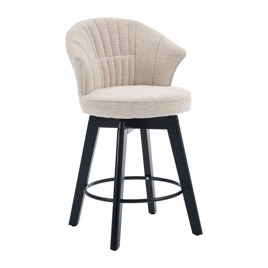 Sgabello da bar girevole moderno in tessuto beige con schienale e poggiapiedi in metallo – 2