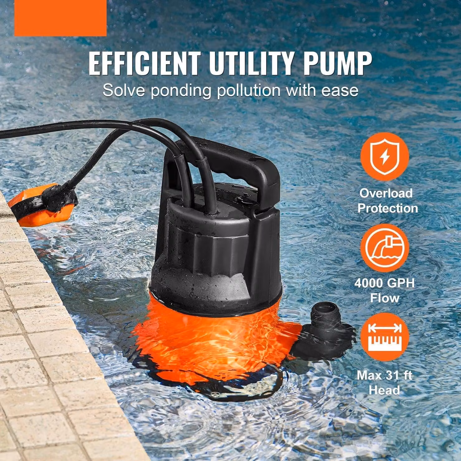 Pompa sommergibile - 1PK - 700W - 4000 GPH - per lo svuotamento dell'acqua - grado di protezione IPX8 - arancione