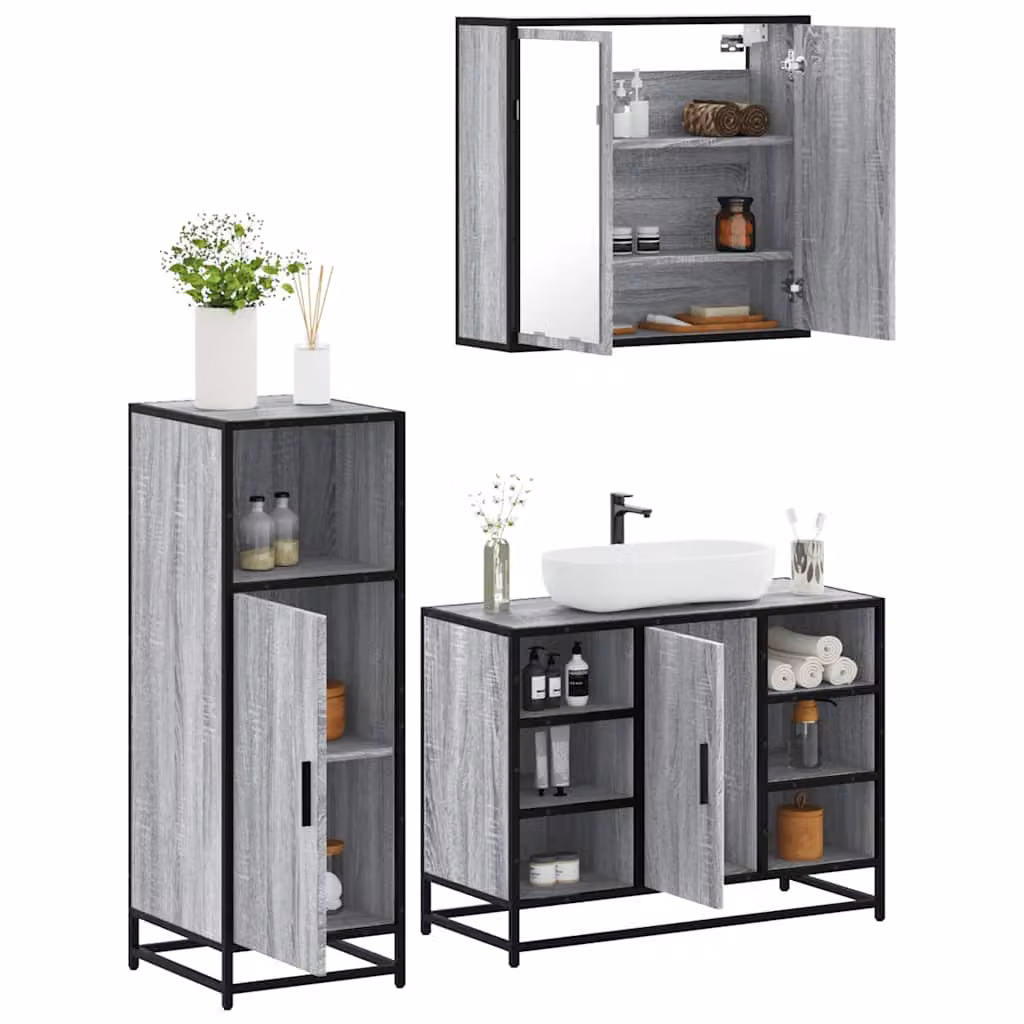 Set di mobili da bagno vidaXL in stile industriale composto da 3 pezzi, colore grigio, in legno, metallo e vetro