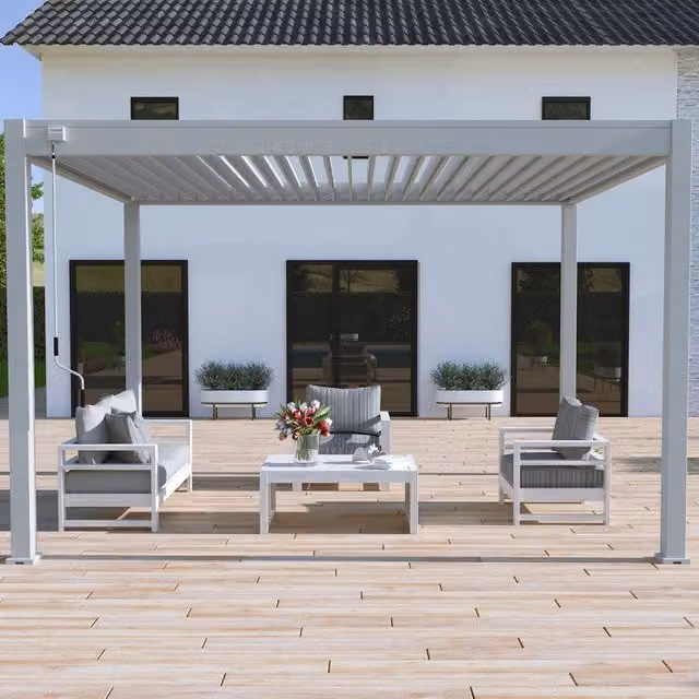 Pergola bioclimatica autoportante Ombrea VS Grigio perla con tenda bianca 3x4M – 1