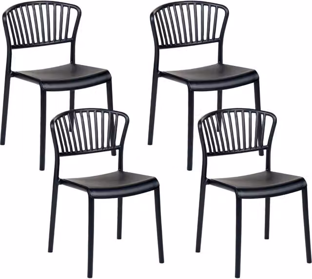 Set di 4 sedie da pranzo BELIANI in plastica nera opaca, impilabili, stile minimalista per giardino, balcone e cucina