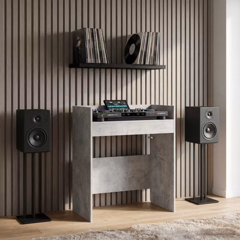 vidaXL Tavolo DJ moderno in legno ingegnerizzato grigio, L: 102 cm, P: 45 cm, H: 102 cm