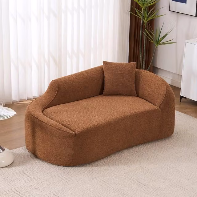 Divano letto due posti con chaise longue ¨C Minimal ¨C tessuto chenille colore caramello con 1 cuscino