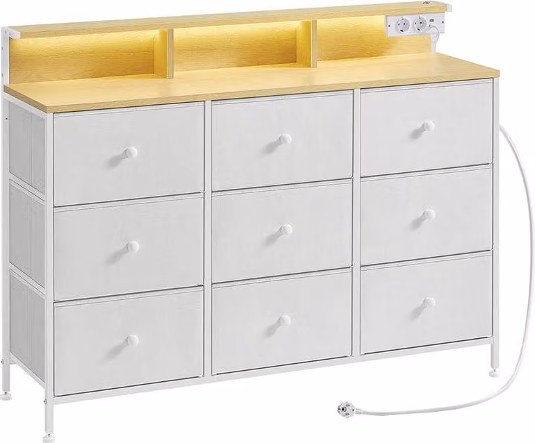 Comodino con 9 cassetti e illuminazione a LED – 33,5 x 114 x 84 cm – bianco