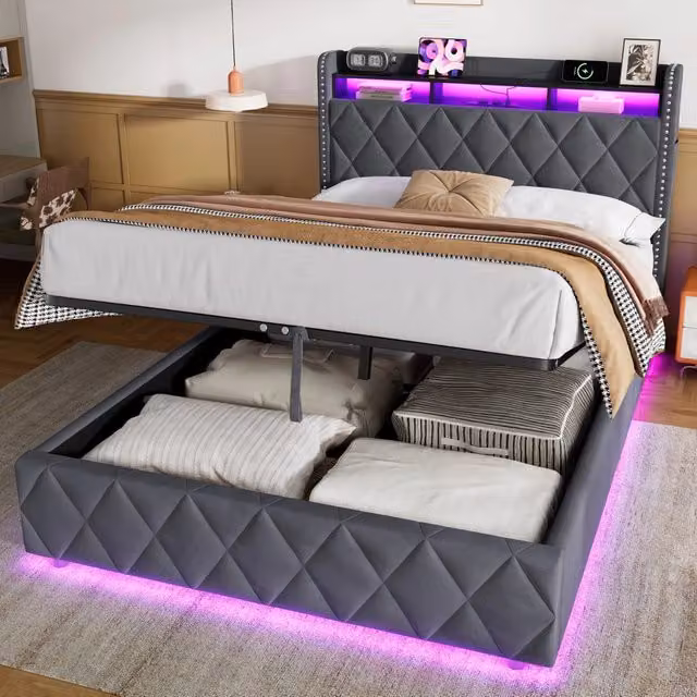 Letto contenitore 140x200 cm con LED; funzione di ricarica; contenitore idraulico e velluto grigio scuro