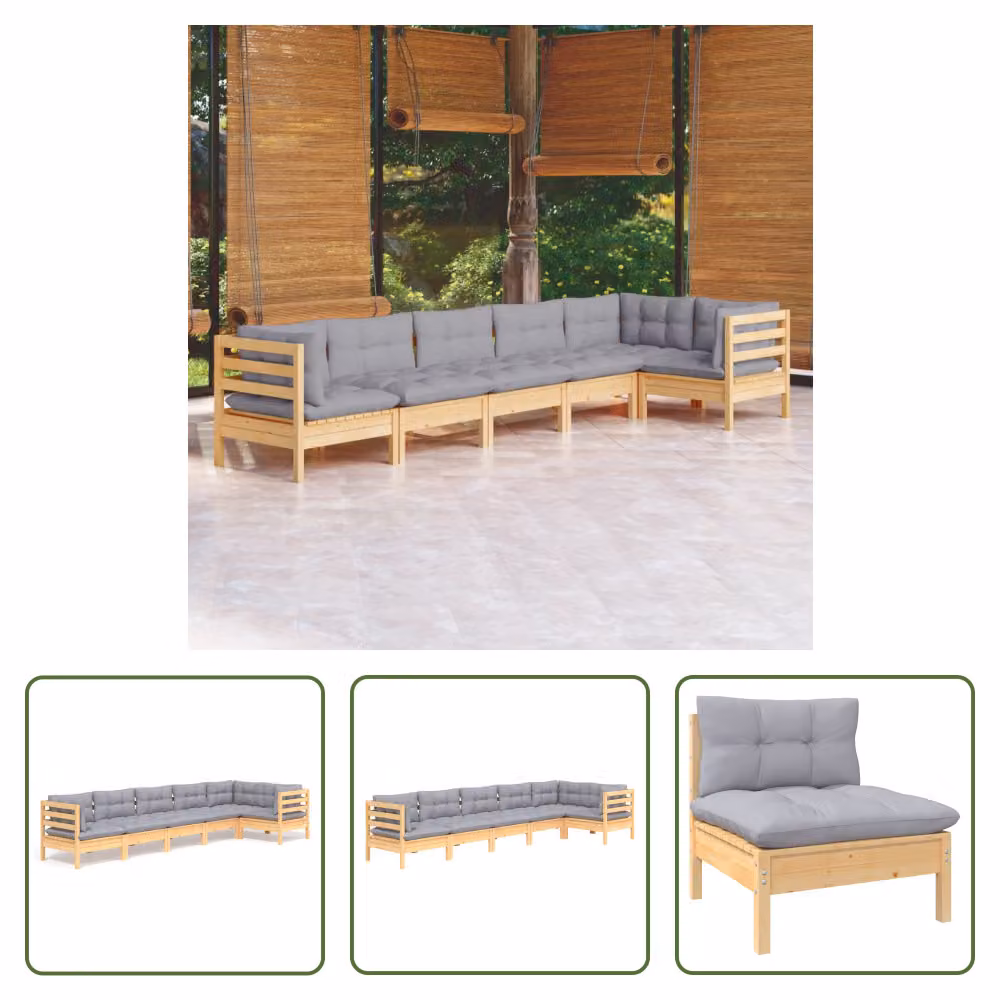 The Living Store Set da giardino da 6 pezzi con cuscini grigi in legno di pino