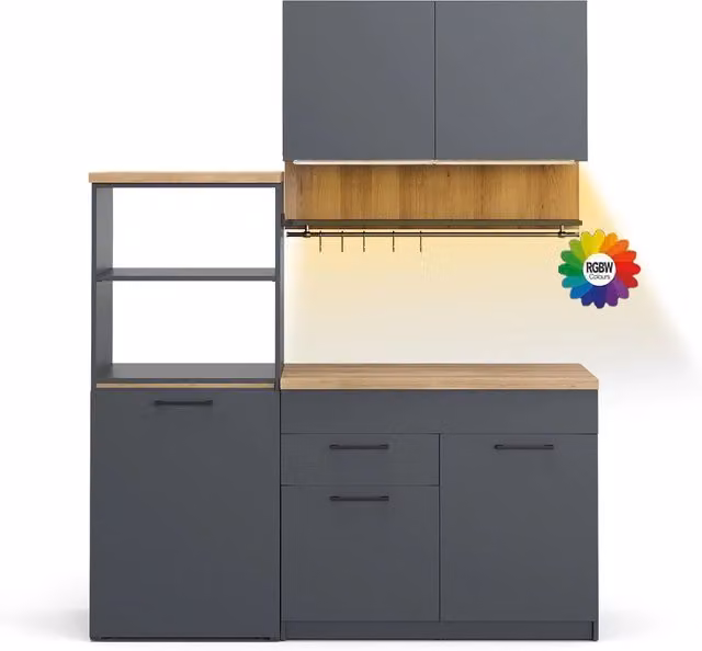 Cucina singola Vicco Egbert Antracite e Rovere con tavolo allungabile e striscia LED integrata L: 160 cm