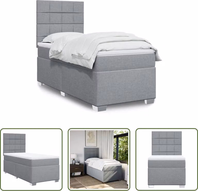 The Living Store Letto a molle con materasso grigio chiaro 90x200 cm in tessuto