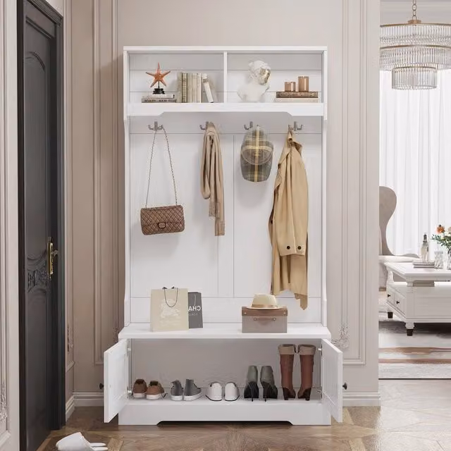 Scarpiera Panca con Appendiabiti ¨C MINIMAL ¨C Bianco, 4 Ganci, 2 Ripiani, Ingresso