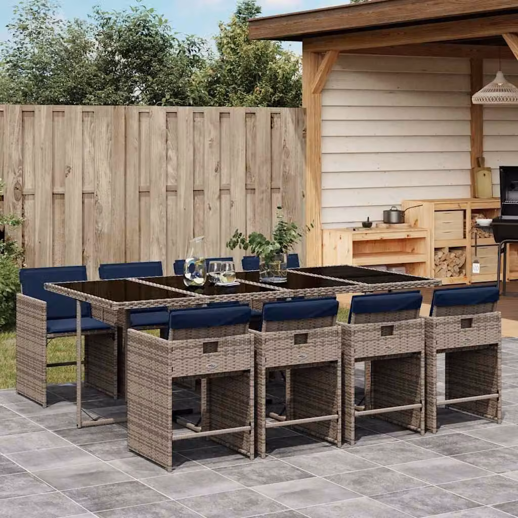 Set da pranzo da giardino vidaXL in polyrattan con cuscini e tavolo in vetro, 9 pezzi, Grigio