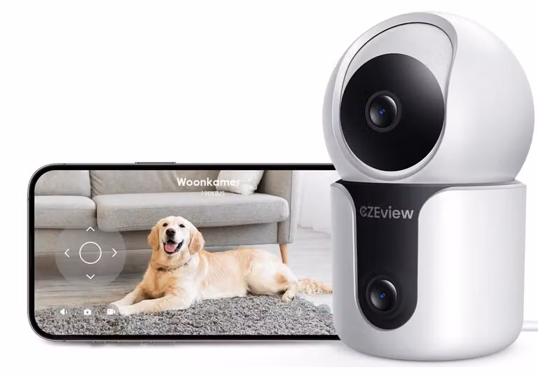 Videocamera di sorveglianza interna - Doppio obiettivo 2K - Visione notturna - WiFi 2,4 e 5 GHz - Registrazione su microSD fino a 128 GB