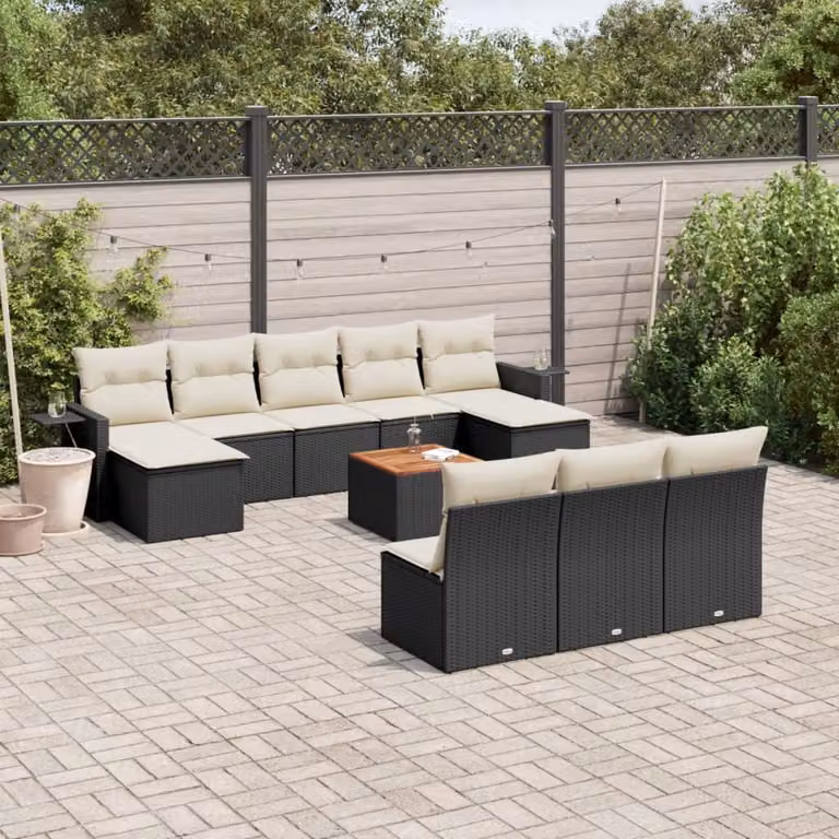 vidaXL Set Divani da Giardino 11 pz in Polyrattan Nero con Cuscini e Tavolino da Esterno
