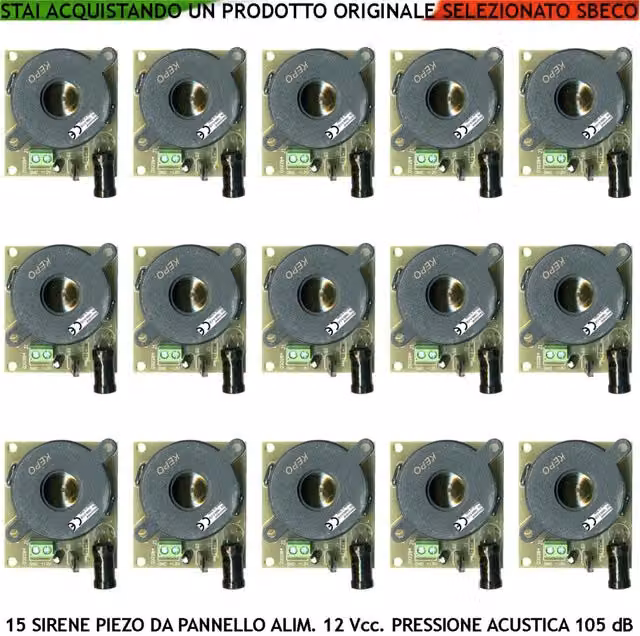 Set di 15 Sirene di Allarme da Pannello Securvera con Diffusore Piezo, Suono Bitono A/B 1500/4000 Hz, 105 dB, Alimentazione 12 Vcc, Colore Grigio e Nero