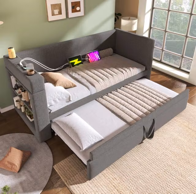 Divano letto estraibile ULEVR 90x190 cm con USB, Type-C, portabevande e vani laterali, grigio