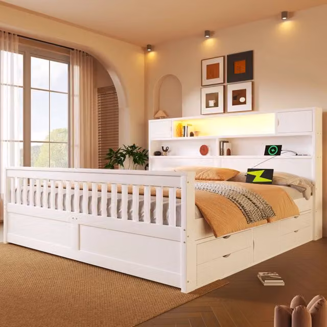 Letto con contenitore 180x200 cm con LED; testiera libreria; MDF e multistrato bianco
