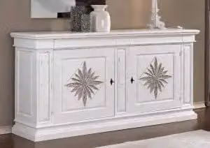 Credenza madia KIVIO in legno massiccio stile shabby chic con 2 ante laccato bianco opaco e rosoni argento