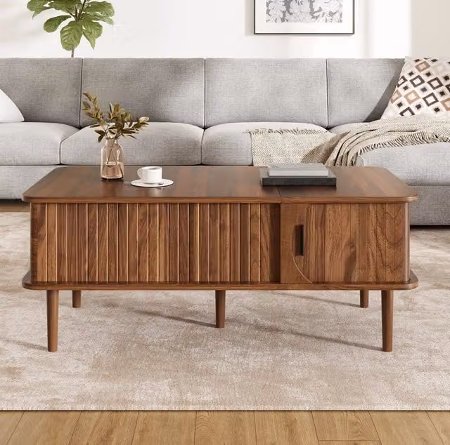 Tavolino da salotto moderno MODFU in MDF con finitura noce e gambe in legno, stile retrò, L: 100 cm, P: 48 cm, H: 55,5 cm