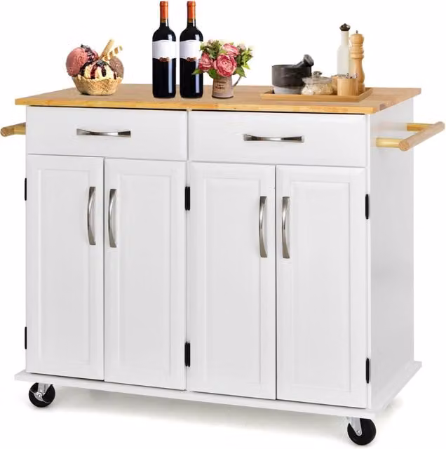 Carrello da cucina con piano di lavoro in legno di gomma 4 ante ripiani regolabili, Carrello porta utensili Bianco