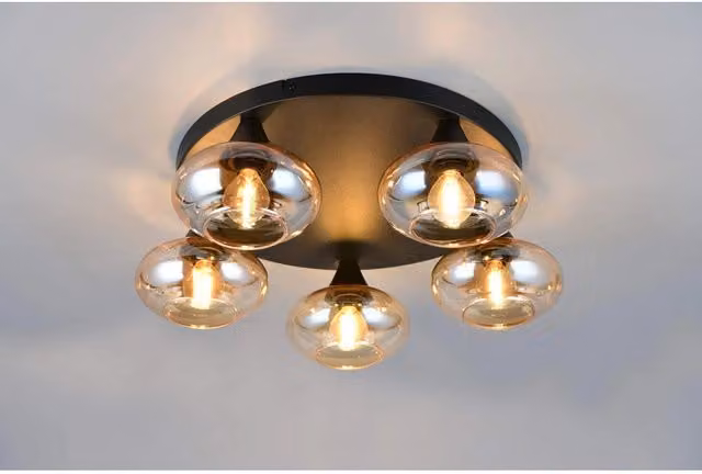 Plafoniera a 5 diffusori in vetro GD Trio di Trio Leuchten, design moderno con finitura nera e vetro trasparente o giallo