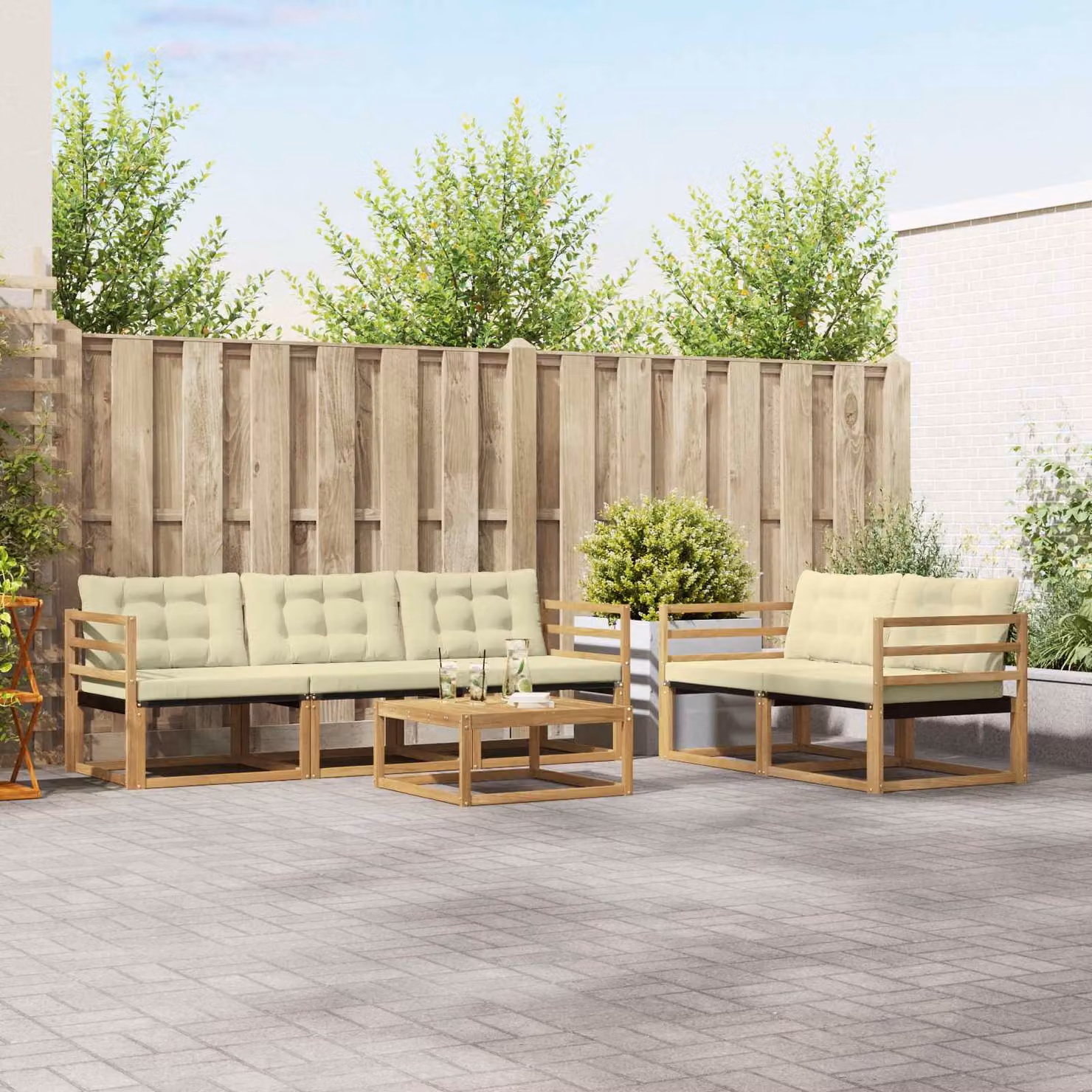 Set di divani da esterno vidaXL a forma di L in legno di acacia con tavolino e cuscini, Bianco e Beige