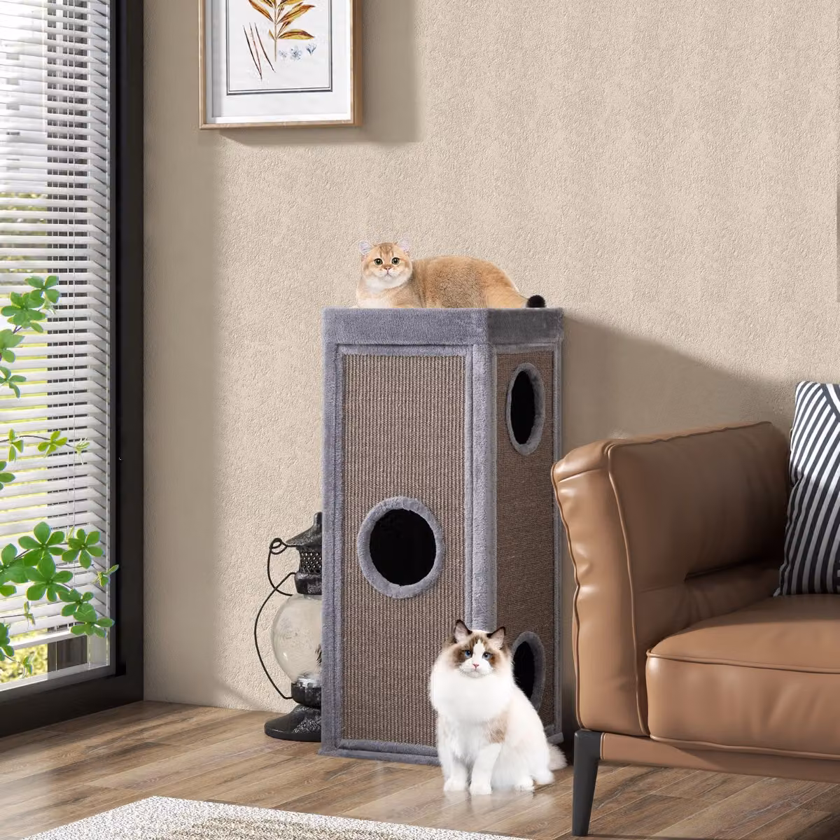 Albero per gatti Costway a 4 piani con 3 tane, 4 cuscini morbidi e tiragraffi in sisal, Grigio, Altezza: 99 cm